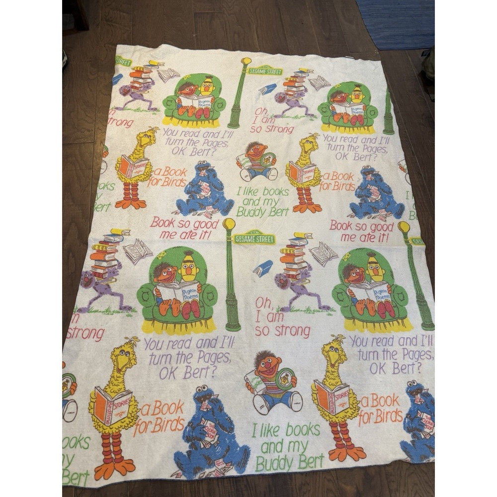 Vintage Sesame Street Story Book Fleece Twin Bed Blanket Bert Ernie 88x64"